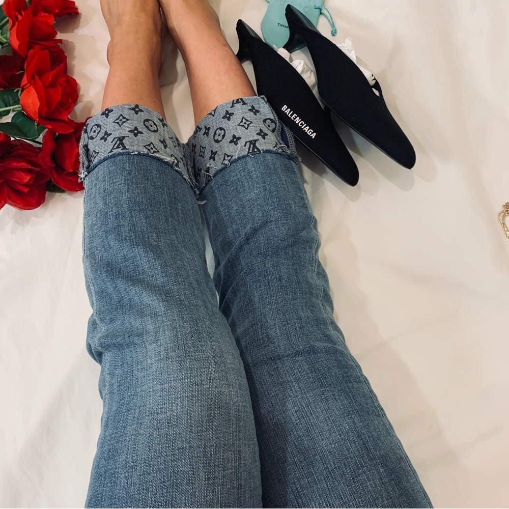 Neiman Marcus Light Blue Cuffed Jeans with Patterned Hem